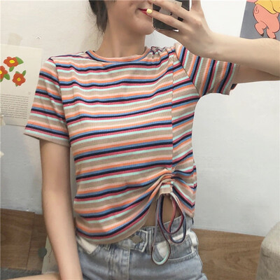 

Novel Design Drawstring Womens T-Shirt Summer O Neck Striped Short Sleeve T Shirt Sexy Knitted Slim Pullover Tee Tops