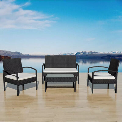 

4 Piece Garden Lounge Set with Cushions Poly Rattan Black