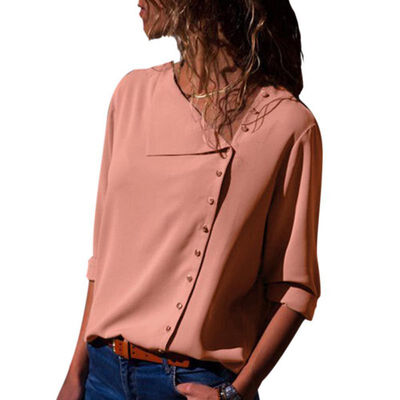

Streetwear Style Full Sleeves Asymmetrical Collar Button Solid T-shirts For Women Casual Irregular Collar Tops Female Least