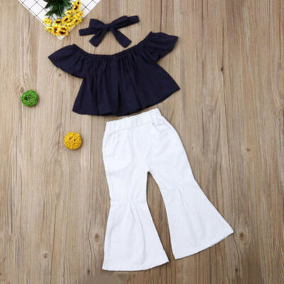 

New Kids Baby Girls Summer Cold Shoulder TopPantsHeadband Outfit Clothes 3pcs