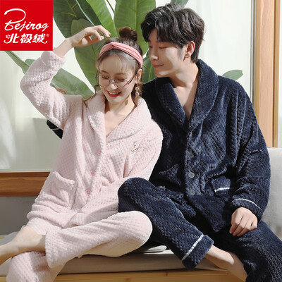 

Arctic velvet Bejirog autumn&winter couple pajamas coral velvet plus velvet thick flannel lapel female large size home service mens long sleeve suit winter 6490 pink