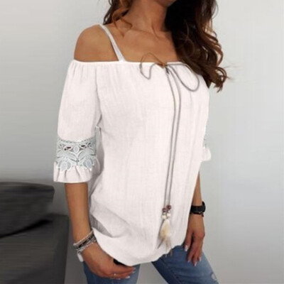 

Starmoon Women Off Shoulder Lace Pure Color Plus Size Short Sleeve Blouse Easy Top Shirt