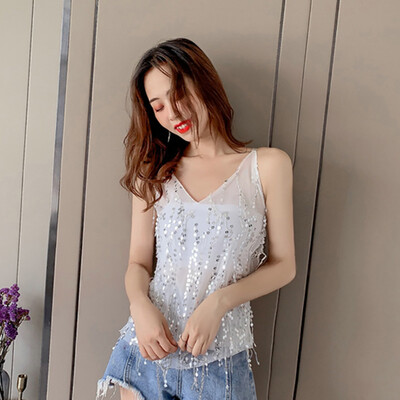 

Women Casual Sexy Versatile Slim V-neck Sparkling Sequined Sling Bottoming Stretch Camisole Tops