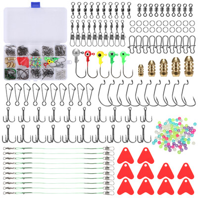 

230pcs Fishing Tackle Set Anti-tangle Rolling Swivels Fishing Connectors Snap Clips Treble Hooks Fishing Beads Accessories Kit wit