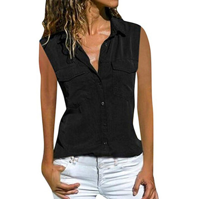 

Women Shirts Summer Casual Tops Turn-down Collar Sleeveless Beach T-Shirt Blouse