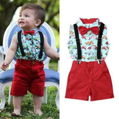 

UK Kids Baby Boy Summer Suit Wedding Bowtie Gentleman T-shirt Bib Shorts Outfits