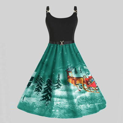 

Tailored Womens Fashion Straps Vintage Santa Claus Snowflake Print Christmas Dress