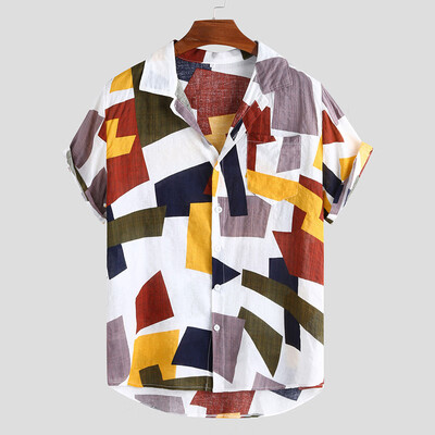 

Men Casual Short Sleeve T-shirts Lapel Beach Loose Shirts Print Buttons Tops Tee