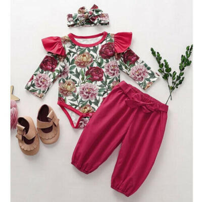 

3pcs Newborn Kid Baby Girl Clothes Floral Romper TopsPantsHaedband Outfits Set