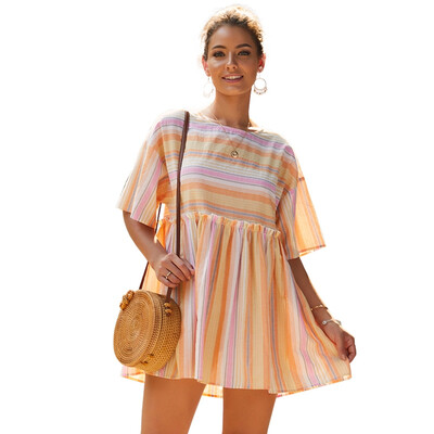 

Summer stitching color striped round neck half sleeve loose dress