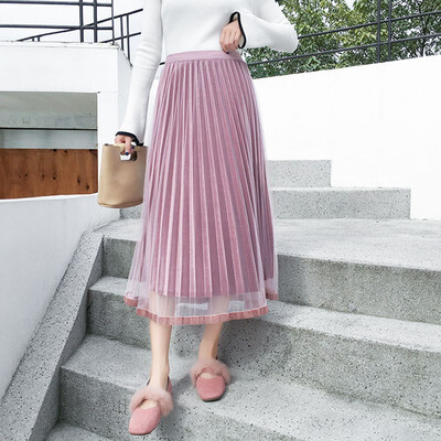 

Fashion Women Skirt Spring Autumn High Waist Pleated Solid Color Half Length Elastic Skirt Promotions Lady Skirt