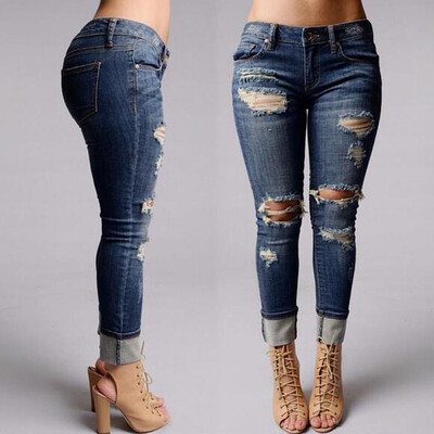 

〖Follure〗Women Mid Waisted Skinny Hole Denim Jeans Stretch Slim Pants Calf Length Jeans
