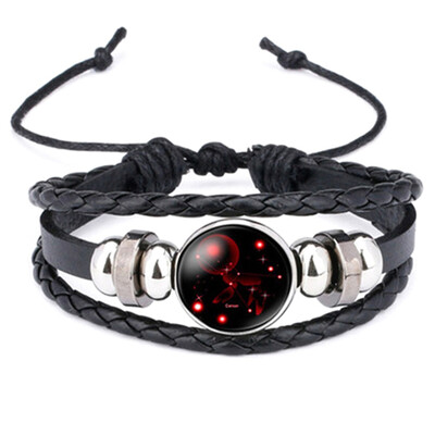 

Unisex Men Women 12 Constellations Woven Leather Bracelets Bangles Zodiac Sign Cabochon Charm Bracelet Beautiful