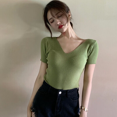 

Korean Version Summer Knitted Short Sleeved T-shirt Chic V Collar Solid Color Slim Simple Casual Tee Shirt