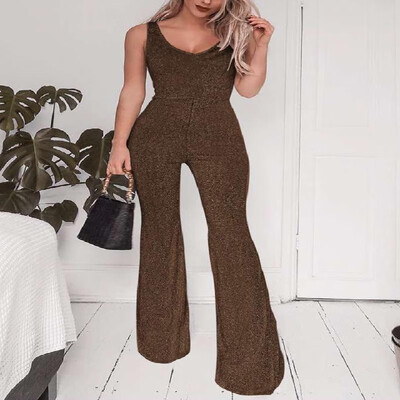 

V-neck Solid Color Singlet Bell-bottoms Maxi Jumpsuit