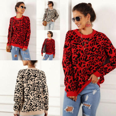 

Fashion Loose Knit Leopard Print Long Sleeve Sweater Blouse Jumper Pullover