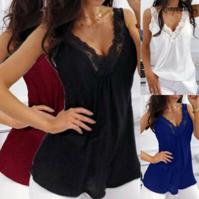 

Women Blouse T-shirt V-Neck Sleeveless Strappy Vest Lace Tank Top Plus Size
