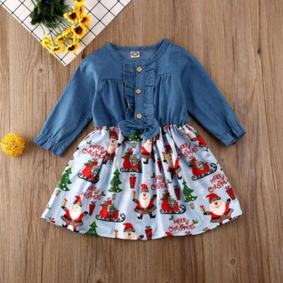 

Christmas Toddler Baby Girl Long-sleeved Denim Stitching Santa Claus Print Skirt