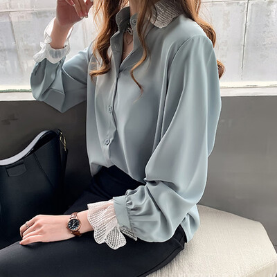 

2019 New Autumn Fashion Lace Patchwork Long Sleeve Chiffon Blouse Office Lady Sweet 2XL Blouses