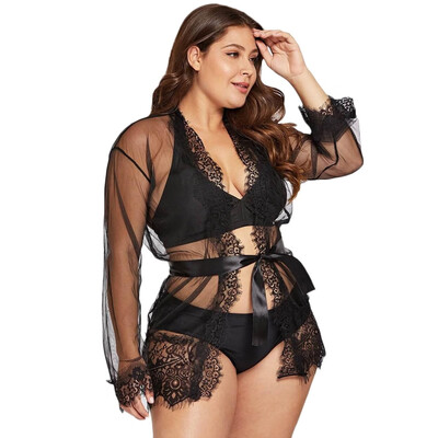 

Toponeto Women Sexy Plus Size Eyelash Lace Trim Robe Belt Sleepwear Lingerie Underwear