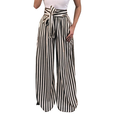 

Women Striped High Waist Harem Pants Women Bandage Elastic Waist Casual Pants