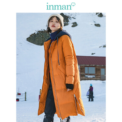 

INMAN 2018 winter new hit color hooded drawstring side open long down jacket female 18831VP21074 ginger yellow L