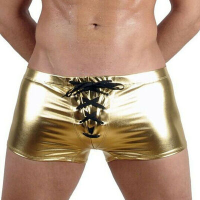 

Sexy Mens Boxer Briefs Lingerie Wet Look Faux Leather Shorts Underwear Swimwear