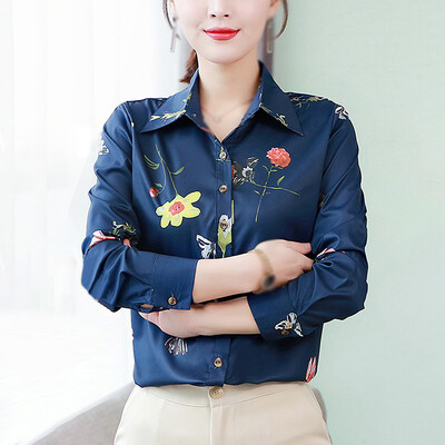 

Womens Office Business Tops Slim Floral Print Lapel Buttons Plus Size Blouse