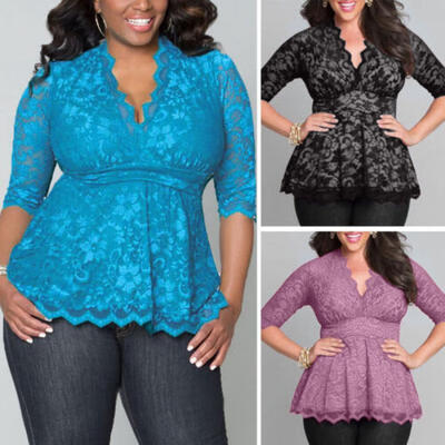 

2019 Women V Neck Lace Crochet Pullover Long Sleeve Top Shirt Plus Size Blouse