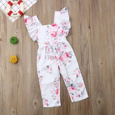 

UK Toddler Baby Girls Floral Fly-Sleeve Siamese Trousers Rompers Summer Clothes