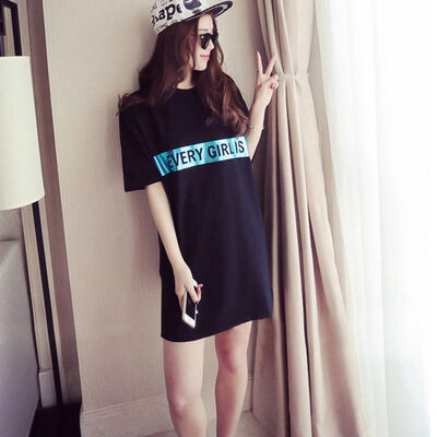 

Women Round Collar Short Sleeve Cartoon Letter Print Long T-shirt Loose Casual Dress