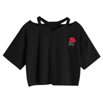 

Women Short T Shirt Summer Sexy Hollow Out Short Sleeve Casual Harajuku Crop Top Rose Embroidery T-shirts