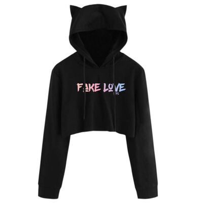 

BTS Cat ear print drawstring Long Sleeve Cropped Hoodies Sweatshirt Women Cat Hooded Pullover Crop Tops Clothes harajuku