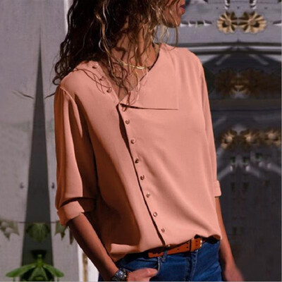 

Cross-border exclusive hot sale explosions fashion nine-color button irregular oblique collar long-sleeved blouse shirt Buy