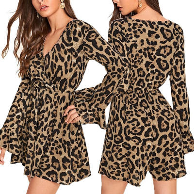 

Pop Sexy Women Long sleeve Sun Dress Frill Ladies Leopard Print Floral Paisley