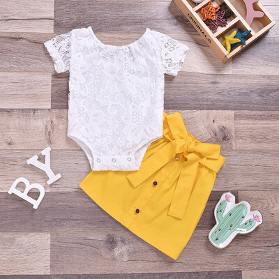

Infant Baby Girl Flower Short-Sleeved Lace Bodysuit Top A-semi-skirt Sundress