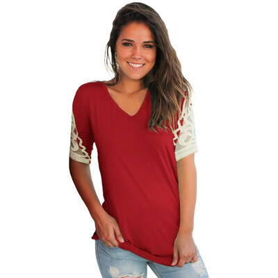 

V-neck short-sleeved crochet lace stitching casual top