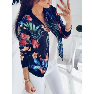 

Fashion Womens Retro Floral Zipper Bomber Jacket Baseball Casual Coat Outwear