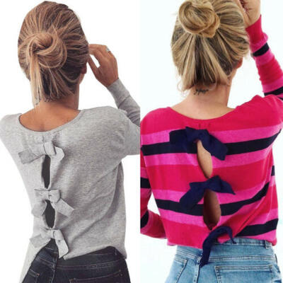 

Ladies Women Autumn Bowknot Hollow Long Sleeve Casual Cotton T Shirt Tops Blouse