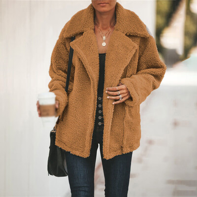 

Womens Lapel Fleece Fuzzy Zipper Outwear Jacket Warm Winter Button Down Coat