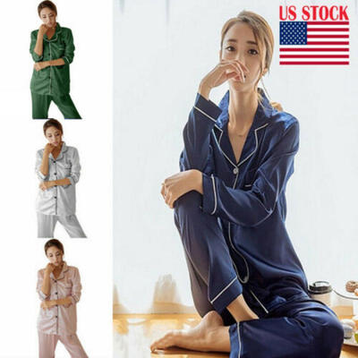 

Women Comfy Satin Silk Pajamas Long Sleeve Pants Sleepwear Nightwear Loungewear