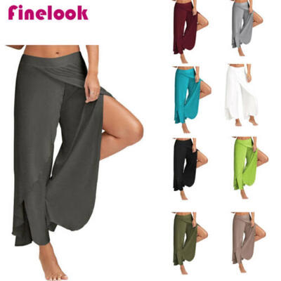 

Split Mid Waist Wide Leg Pants Trousers Casual Summer Beach Loose Harem -5XL