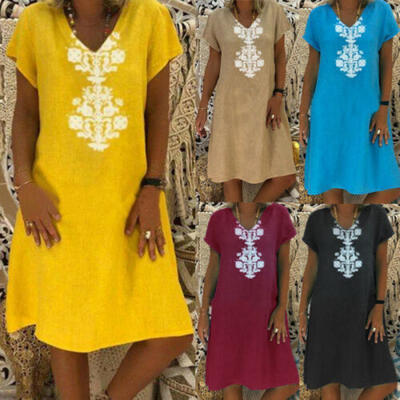 

Womens Laides Summer Short Sleeve Boho Casual Kaftan Short Mini Dress SunDress