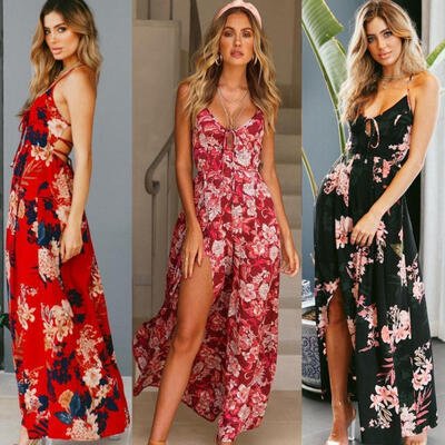 

Women Floral PrinT Sleeveless Boho Dress Ladies Evening Party Long Maxi Dress