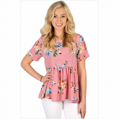 

Round neck short sleeve floral print straight shirt top