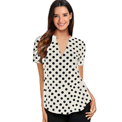 

Nomeni Women Summer Polka Dot Short Sleeve V Neck Tunic Shirt Tops Blouse