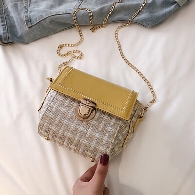 

2019 new simple contrast color woven bag fashion casual wild shoulder bag female Sen temperament chain Messenger bag