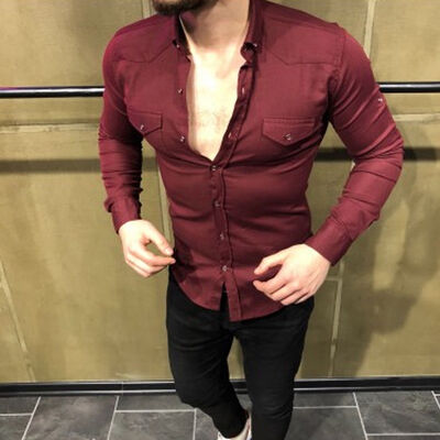 

New Mens Luxury Casual Long Sleeve Dress T Shirts Slim Fit Denim Shirt Tops