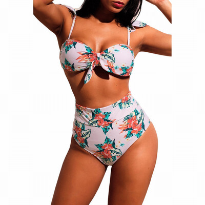 

Sling dot print halter strap chest pad high waist split swimsuit