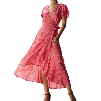 

Summer Print Dress Womens Solid Color V-neck Short-sleeved Ruffle Dress